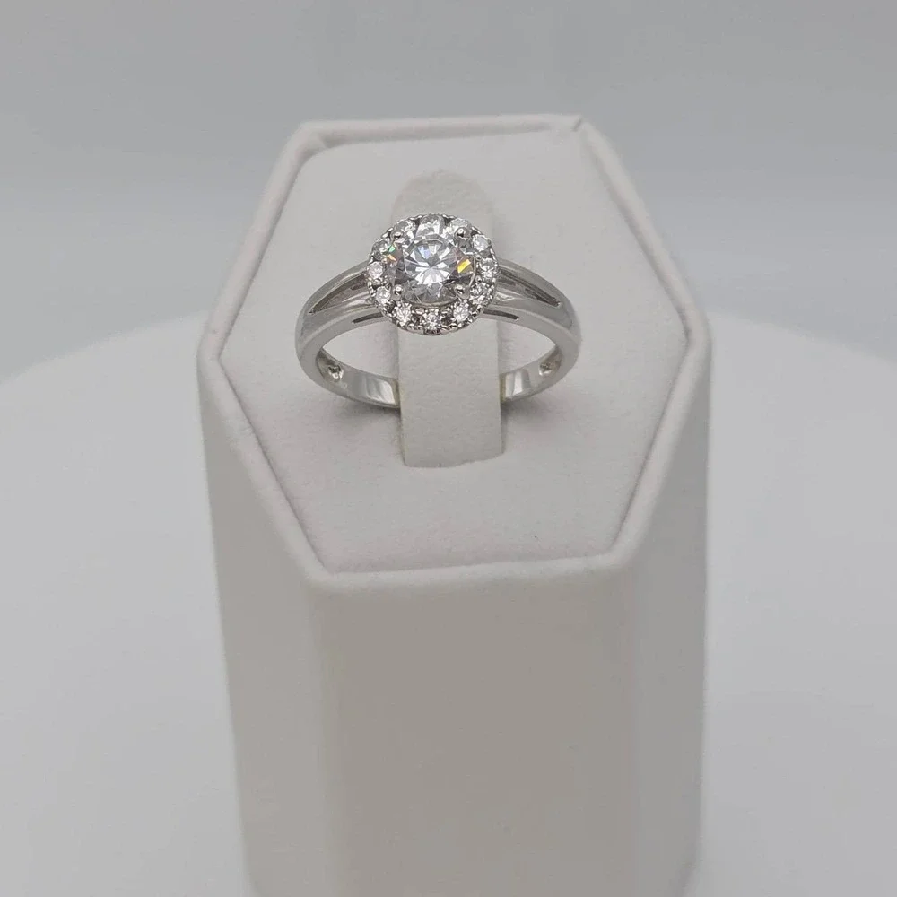 Vtg CN Signed 925 Sterling Silver Ring Halo Cubic Zirconia Split-Shank Size‎ 7